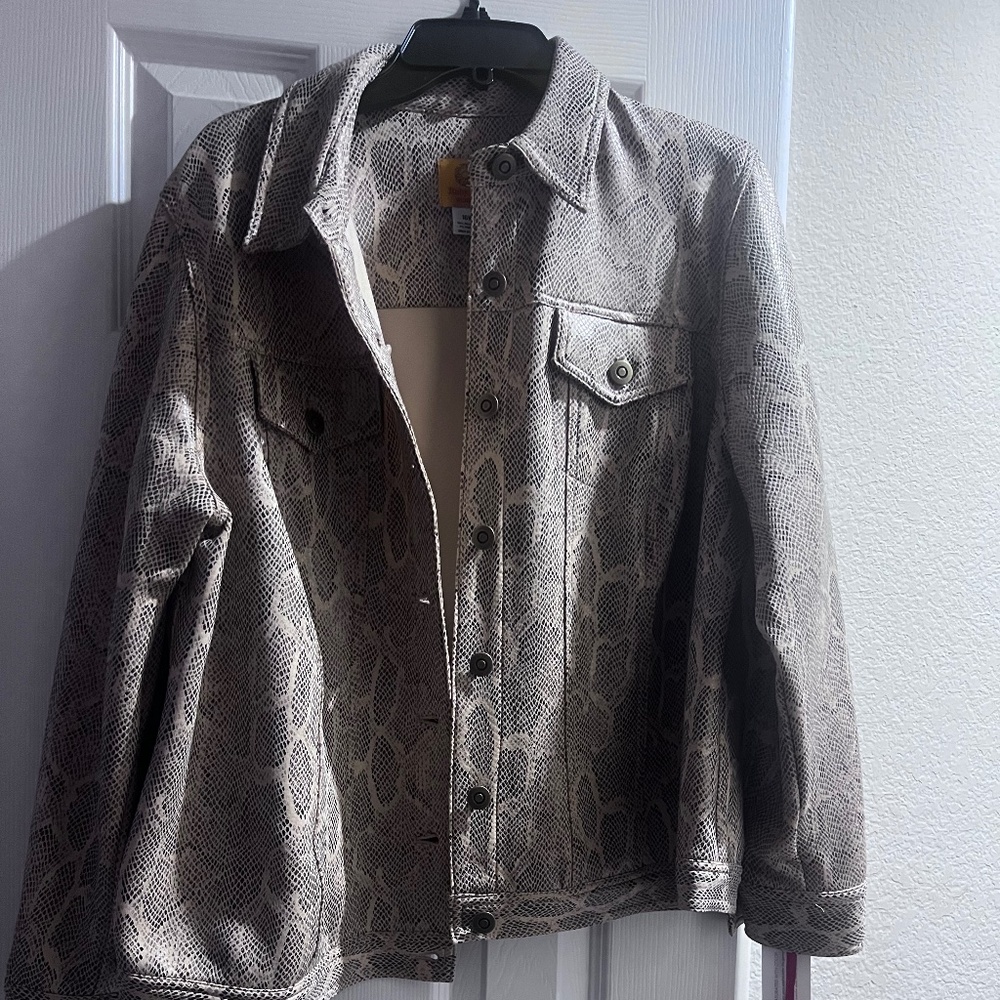 Faux snakeskin leather denim jacket